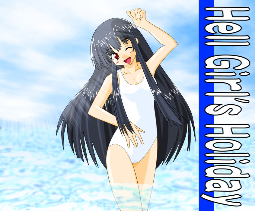 enma ai, jigoku shoujo, 00s, black hair, red eyes, swimsuit