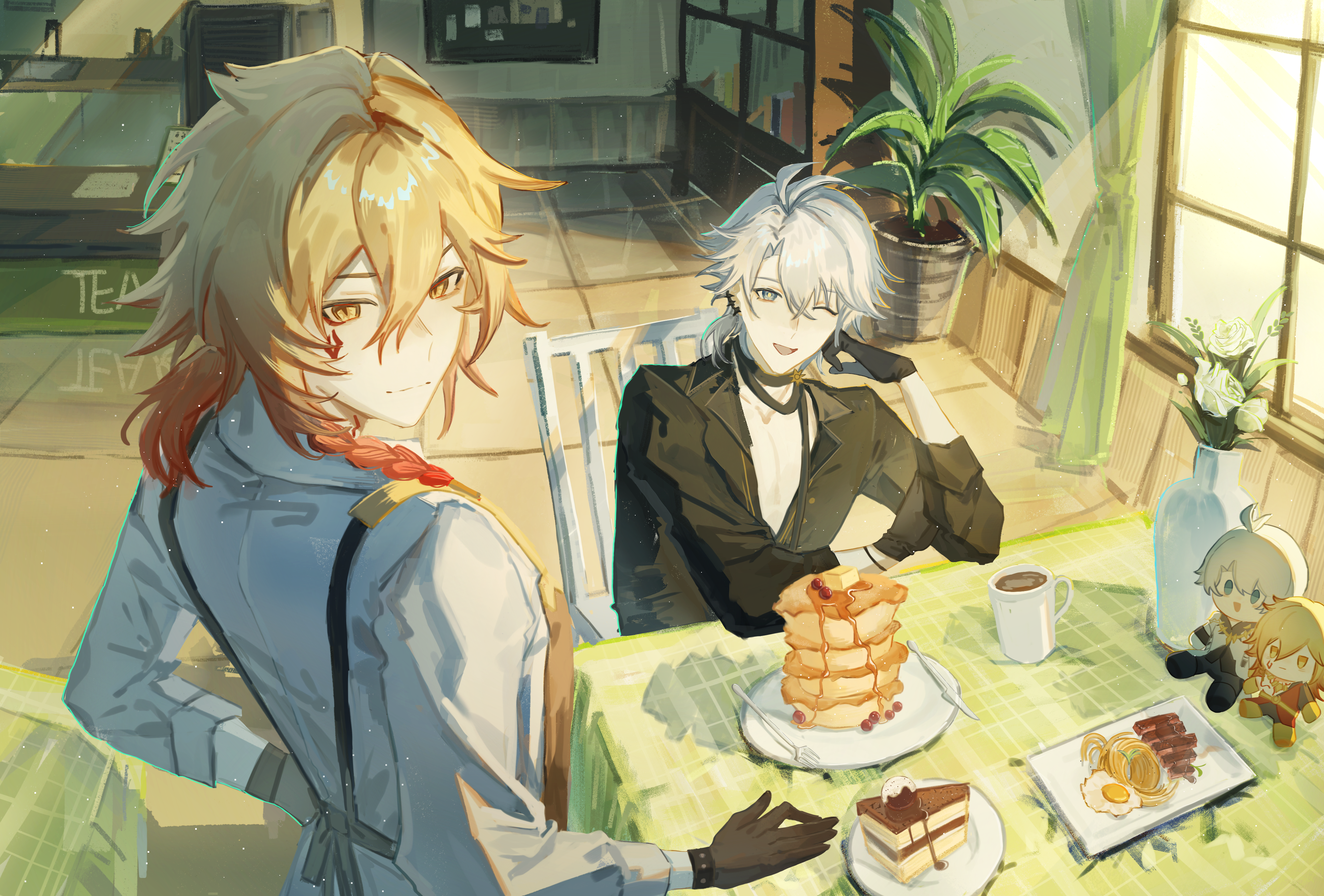 mydei (delicacies) (honkai: star rail), mydei (honkai: star rail), phainon (fashion) (honkai: star rail), phainon (honkai: star rail), honkai: star rail, honkai (series), absurdres, highres, 2boys, antenna hair, apron, azhei05636, black choker, black gloves, black shirt, blonde hair, blue eyes, braid, brown apron, cake, cake slice, character doll, choker, collared shirt, doll, earclip, facial tattoo, food, gloves, gradient hair, hair between eyes, half gloves, indoors, long sleeves, male focus, medium hair, multicolored hair, multiple boys, official alternate costume, one eye closed, pancake, pancake stack, parted bangs, pectoral cleavage, pectorals, ponytail, red hair, red tattoo, shirt, short hair, side braid, sleeves rolled up, tattoo, white hair, white shirt, window, yellow eyes