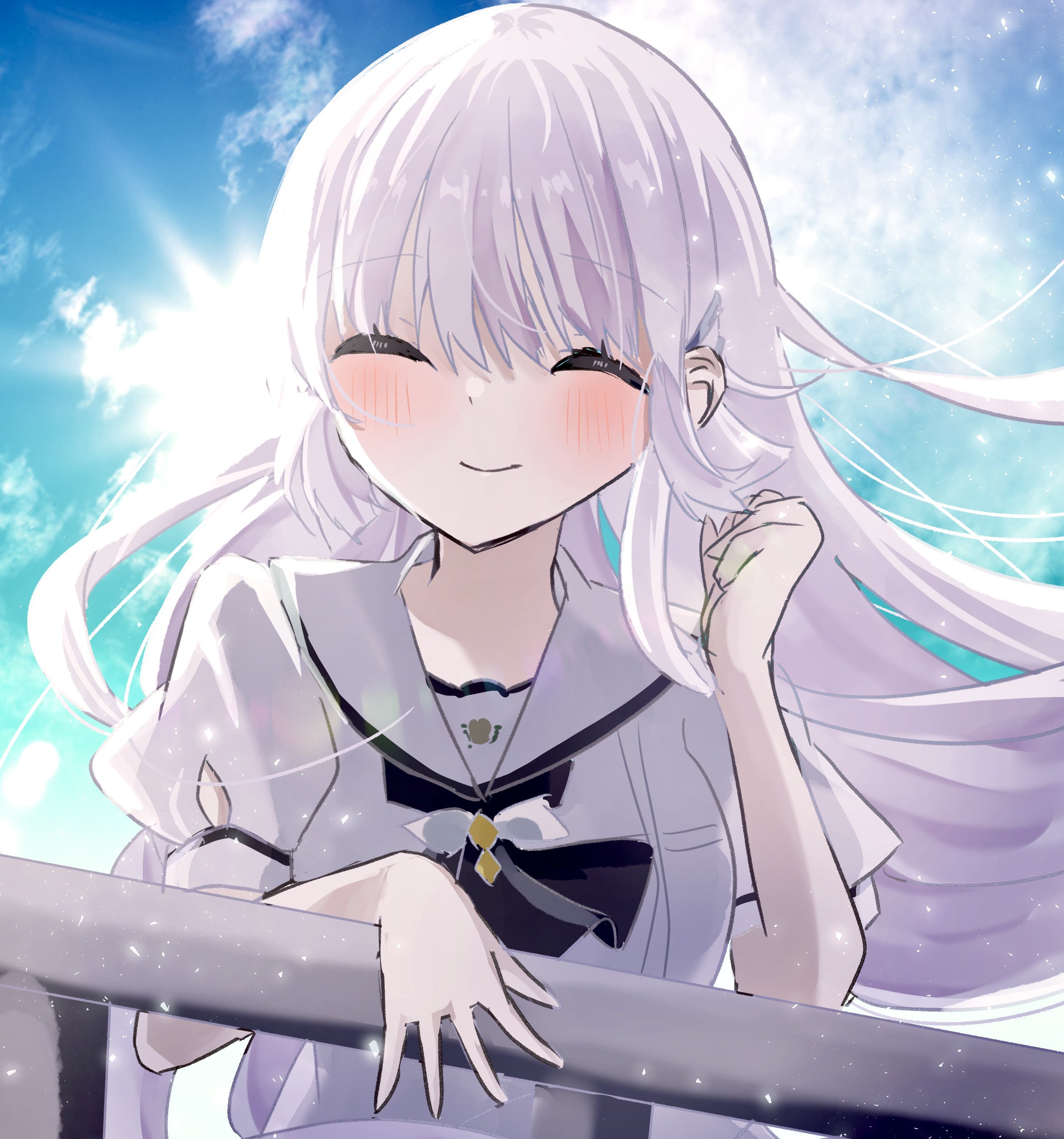 sakaniwa t, naruse shiroha, summer pockets, absurdres, commentary request, highres, 1girl, ^ ^, ascot, backlighting, black ascot, blue sky, blush, clenched hand, closed eyes, closed mouth, cloud, day, facing viewer, floating hair, hair between eyes, hair ornament, hairclip, hand up, happy, long hair, outdoors, parallel hairclips, railing, sailor collar, school uniform, serafuku, shirt, short sleeves, sidelocks, sky, smile, solo, summer pockets school uniform, sunlight, upper body, very long hair, white hair, white sailor collar, white shirt, wind