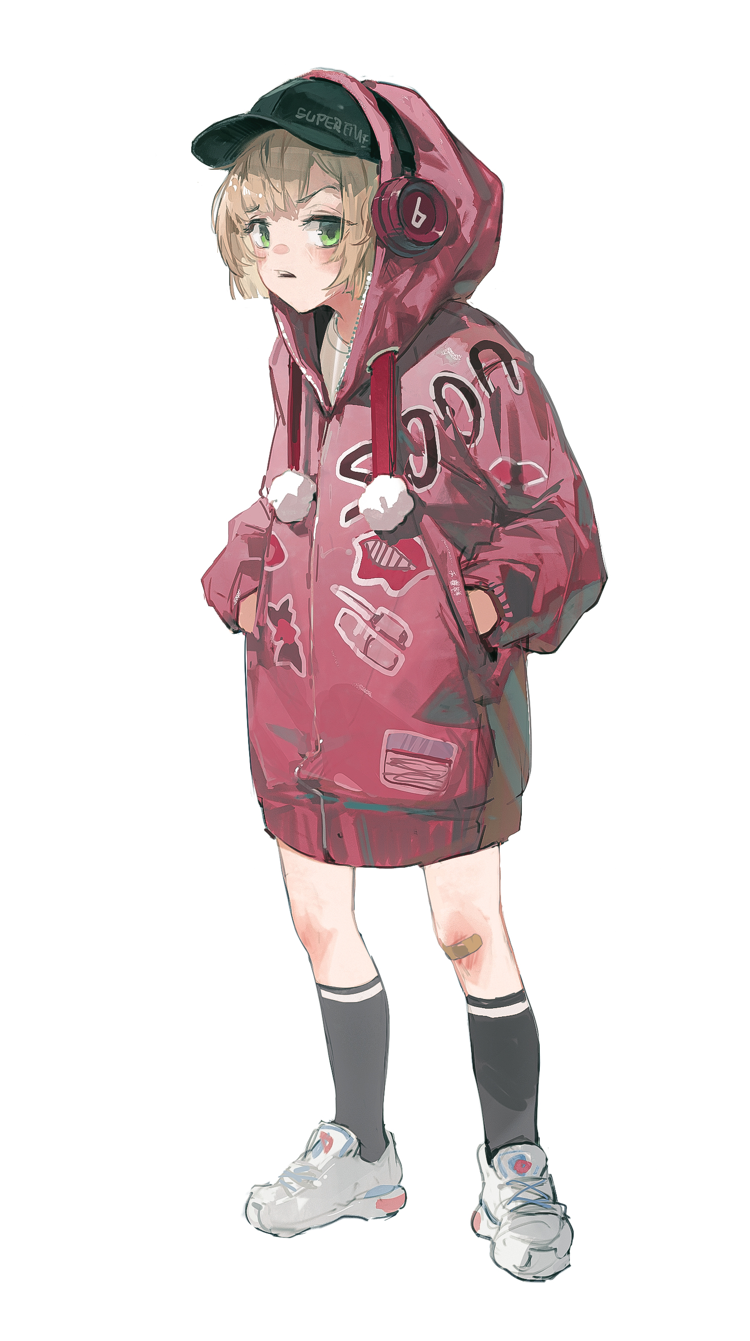 dino (dinoartforame), shigure ui (vtuber), indie virtual youtuber, absurdres, commentary, highres, symbol-only commentary, 1girl, bandaid, bandaid on knee, bandaid on leg, baseball cap, beats by dr. dre, black hat, black socks, blush, brown hair, drawstring, full body, green eyes, hands in pockets, hat, headphones, hood, hood up, hooded jacket, jacket, kneehighs, long sleeves, looking at viewer, looking to the side, open mouth, pom pom (clothes), pom pom drawstring, print jacket, raised eyebrow, red jacket, scowl, scraped knee, shoes, short hair, sideways glance, simple background, sneakers, socks, solo, standing, teeth, upper teeth only, virtual youtuber, white background, white shoes