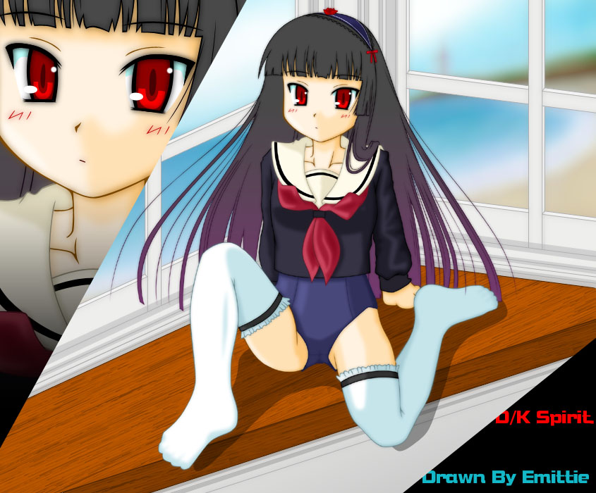 emitti, enma ai, jigoku shoujo, 00s, black hair, red eyes, school uniform, serafuku, thighhighs