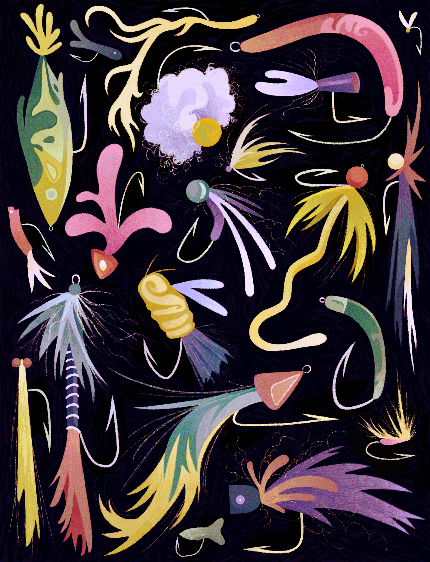 quezify, original, commentary, english commentary, highres, beads, black background, bright pupils, close-up, feathers, film grain, fish, fish hook, fishing lure, green eyes, green feathers, grey pupils, hatching (texture), hook, muted color, no humans, object focus, purple eyes, purple feathers, simple background, still life, white pupils, yellow feathers