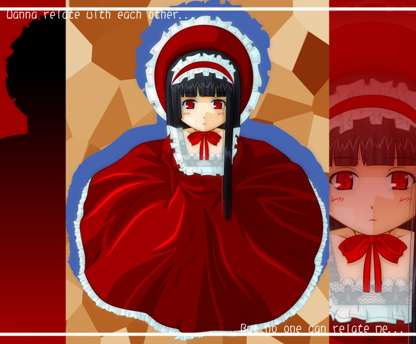 enma ai, jigoku shoujo, tagme, 00s, black hair, dress, frilled dress, frills, gothic lolita, hat, lolita fashion, red dress, red eyes