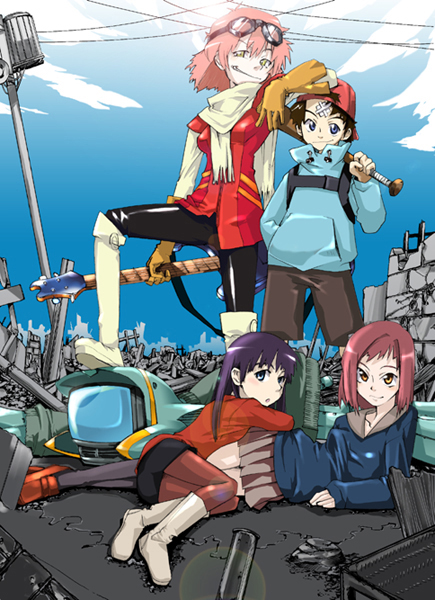 gengorou, canti, haruhara haruko, nandaba naota, ninamori eri, samejima mamimi, flcl, red footwear, red legwear, white footwear, 00s, 1boy, 3girls, :o, bandages, bandaid, bandaid on face, baseball bat, baseball cap, bass guitar, belt, black hair, blue eyes, blurry, blush, bokeh, boots, brick wall, broken, carrying over shoulder, cross, day, depth of field, everyone, gears, gloves, goggles, goggles on head, guitar, hand in pocket, hat, holding, holding weapon, hood, hoodie, instrument, knee boots, loafers, long sleeves, looking at viewer, looking back, lying, miniskirt, multiple girls, on side, orange eyes, outdoors, over shoulder, pants, pantyhose, pencil skirt, pink hair, pleated skirt, power lines, purple hair, robot, ruins, scarf, school uniform, serafuku, shoes, short hair, shorts, skirt, sky, smile, smirk, spandex, spread legs, standing, television, tight clothes, tight pants, utility pole, weapon, weapon over shoulder, yellow eyes
