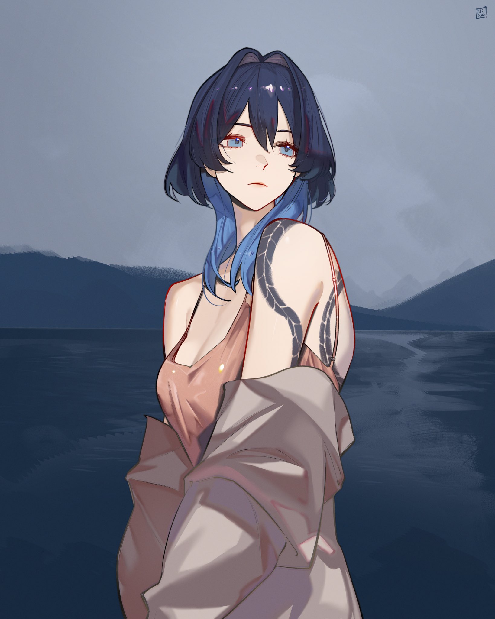 ninochuu, ouro kronii, hololive, hololive english, highres, 1girl, black hair, blue eyes, blue hair, breasts, closed mouth, grey jacket, hair intakes, jacket, lake, medium breasts, multicolored hair, orange tank top, outdoors, overcast, sky, snake tattoo, solo, tank top, tattoo, two-tone hair, virtual youtuber, water