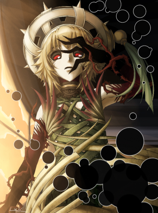 aida, pnayshoujo69, atoli, atoli (.hack//), .hack//, .hack//g.u., bandai, cyber connect 2, 00s, 1girl, armpits, black sclera, blonde hair, colored sclera, dark persona, female focus, hat, plant, red eyes, short hair, solo, vines