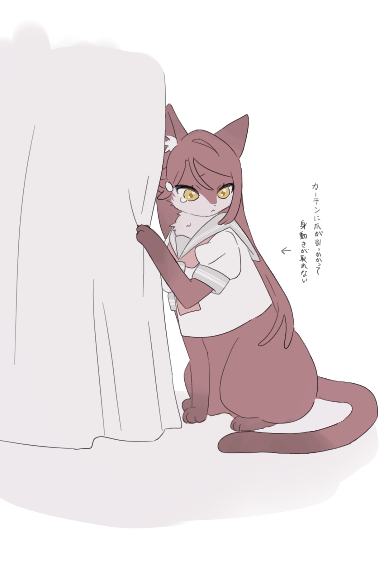 o to mo, sakurauchi riko, love live!, love live! sunshine!!, highres, translation request, animal, animal focus, animalization, arrow (symbol), cat, closed mouth, clothed animal, full body, grey sailor collar, long hair, neckerchief, no humans, red cat, red hair, red neckerchief, sailor collar, shirt, simple background, single tear, sitting, solo, white background, white shirt, yellow eyes