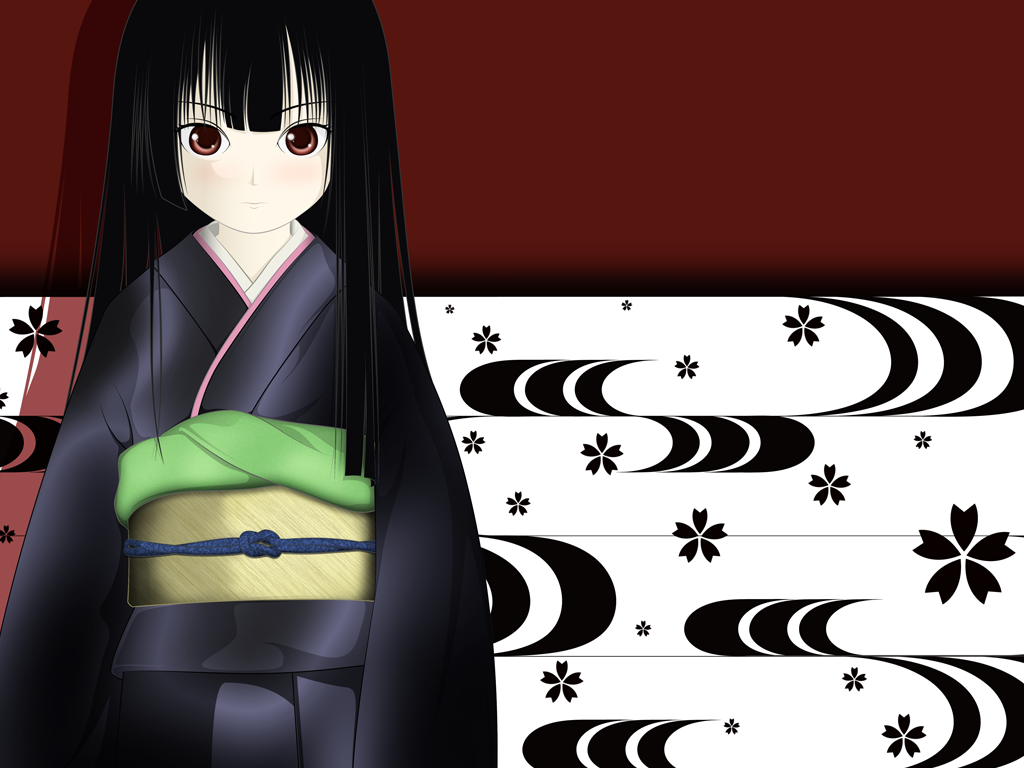 enma ai, jigoku shoujo, 00s, black hair, japanese clothes, kimono, red eyes