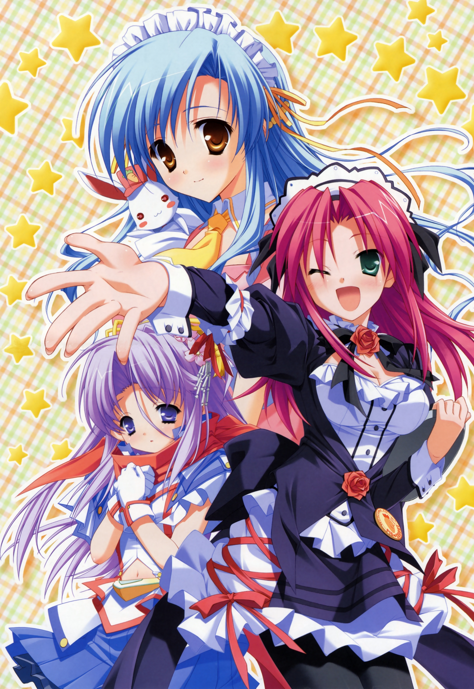 hinata mutsuki, kamishiro midorimaru, quanxing, ryouka (suzuya), hasegawa akemi, kinoshita takako, moromizato aoi, satou hina, shiotsuki sakura, pia carrot (series), pia carrot e youkoso!!, pia carrot e youkoso!! g.p., artist collaboration, highres, non-web source, 1990s (style), 3girls, blue hair, blush, breasts, cleavage, cleavage cutout, clothing cutout, flower, gloves, green eyes, hair ribbon, long hair, maid, maid headdress, midriff, multiple girls, navel, necktie, one eye closed, outstretched arm, outstretched hand, pantyhose, pink hair, plaid background, purple eyes, purple hair, rabbit, reaching, retro artstyle, ribbon, rose, scarf, skirt, smile, star (symbol), tray, waitress, wink, wrist cuffs, yellow eyes