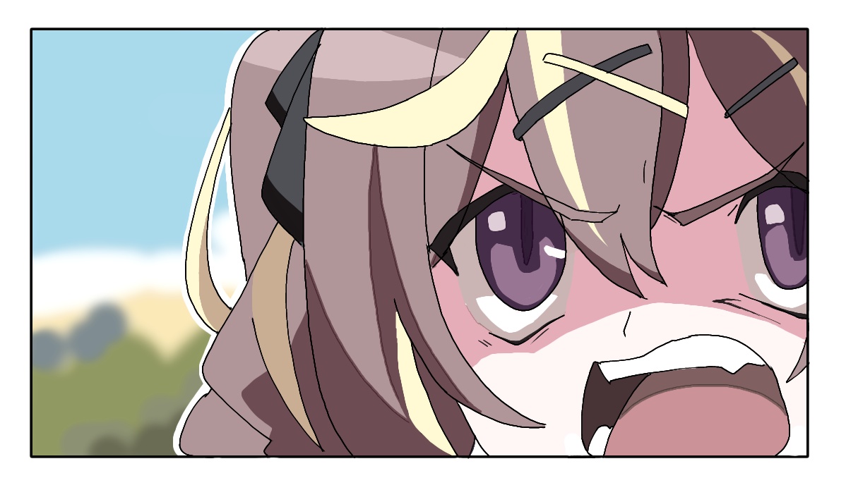 minminzemi (mai077200373308), rena (blue archive), blue archive, higurashi no naku koro ni, 1girl, blonde hair, bow, brown hair, crazy, hair bow, hair ornament, long hair, looking at viewer, multicolored hair, multiple hair bows, open mouth, parody, purple eyes, ryukishi07 (style), source quote parody, streaked hair, style parody, twintails, uso da, v-shaped eyebrows