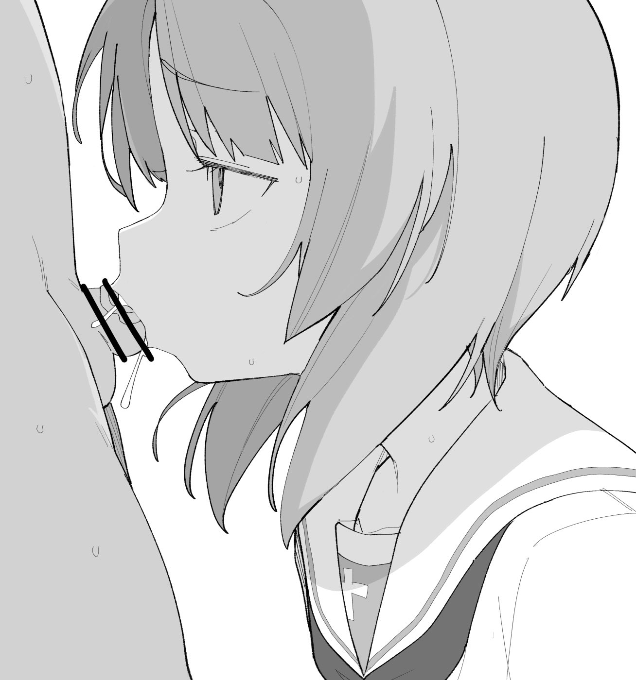 henyaan (oreizm), nishizumi miho, girls und panzer, highres, 1boy, 1girl, bar censor, censored, cum, cum in mouth, fellatio, greyscale, hetero, monochrome, oral, penis, profile, short hair, solo focus, sweat, testicles