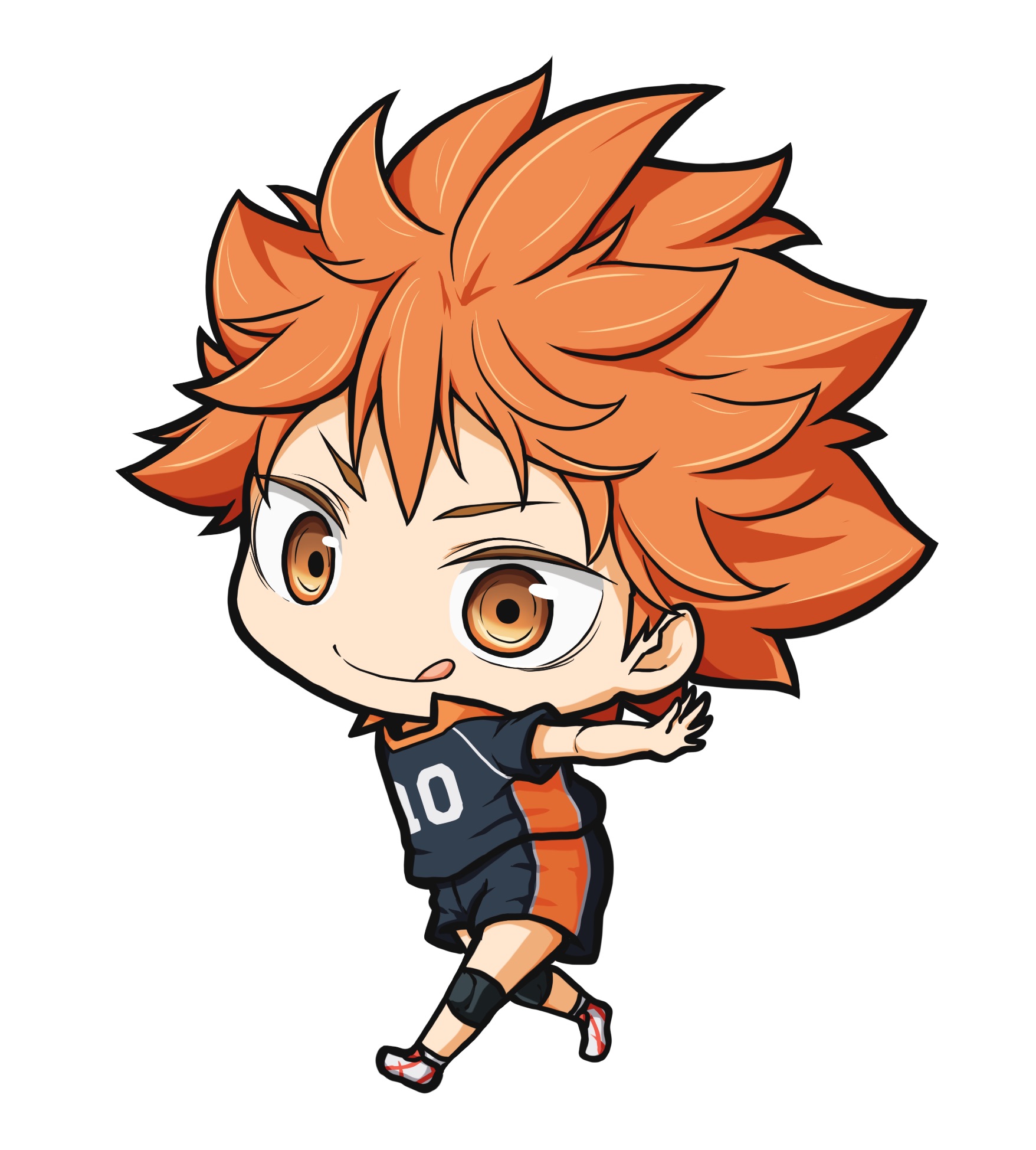 kuena, hinata shouyou, haikyuu!!, highres, 1boy, :q, black shirt, black shorts, brown eyes, chibi, closed mouth, full body, knee pads, looking at viewer, male focus, orange hair, shirt, shoes, short sleeves, shorts, simple background, smile, solo, thick eyebrows, tongue, tongue out, white background, white shoes