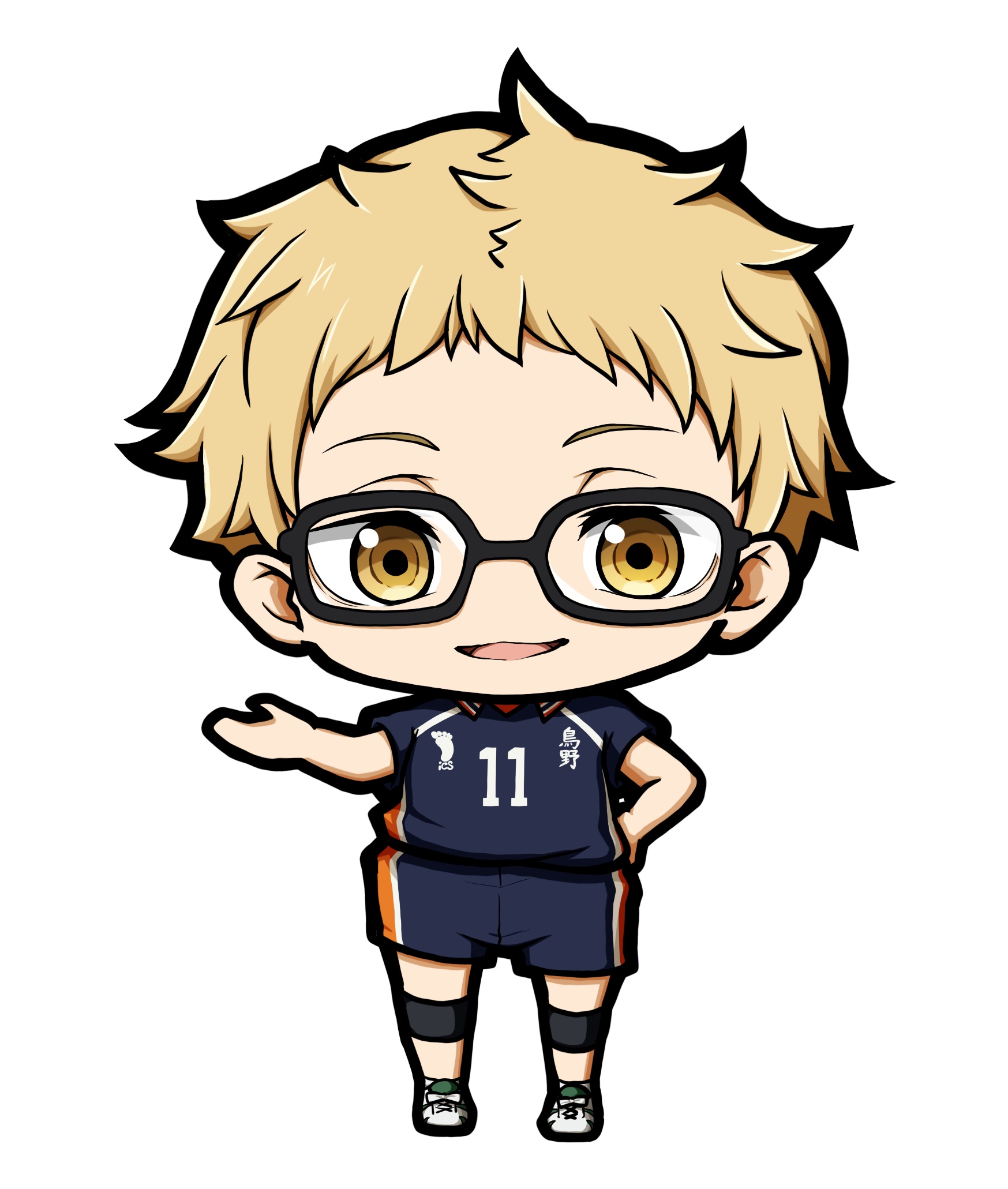 kuena, tsukishima kei, haikyuu!!, highres, 1boy, black-framed eyewear, black shirt, black shorts, brown eyes, brown hair, chibi, collared shirt, full body, glasses, hand on own hip, looking at viewer, male focus, shirt, shoes, short sleeves, shorts, simple background, smile, socks, solo, standing, white background, white shoes, white socks