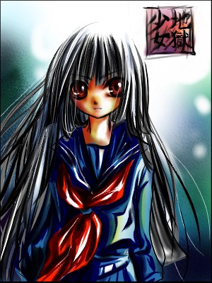 enma ai, jigoku shoujo, lowres, 00s, black hair, red eyes, school uniform, serafuku