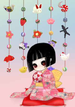enma ai, jigoku shoujo, lowres, 00s, black hair, japanese clothes, kimono, red eyes