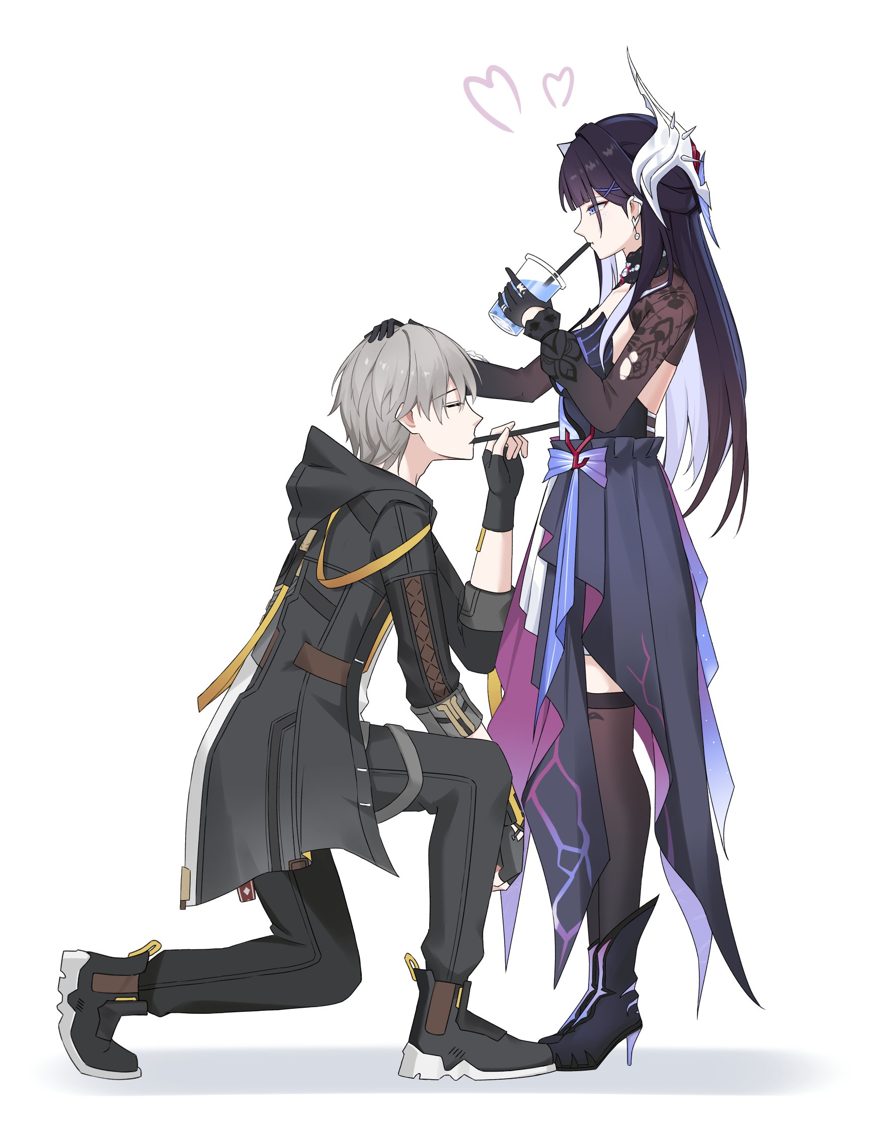 nicel, caelus (honkai: star rail), hysilens (honkai: star rail), trailblazer (honkai: star rail), honkai: star rail, honkai (series), highres, second-party source, 1boy, 1girl, black coat, black dress, black gloves, black hair, black pants, black shoes, black sleeves, black thighhighs, blue eyes, closed eyes, coat, cup, dress, drinking, drinking straw, fingerless gloves, from side, full body, gloves, grey hair, hair ornament, headpat, high heels, holding, holding cup, long hair, pants, shoes, short hair, shrug (clothing), simple background, thighhighs, white background