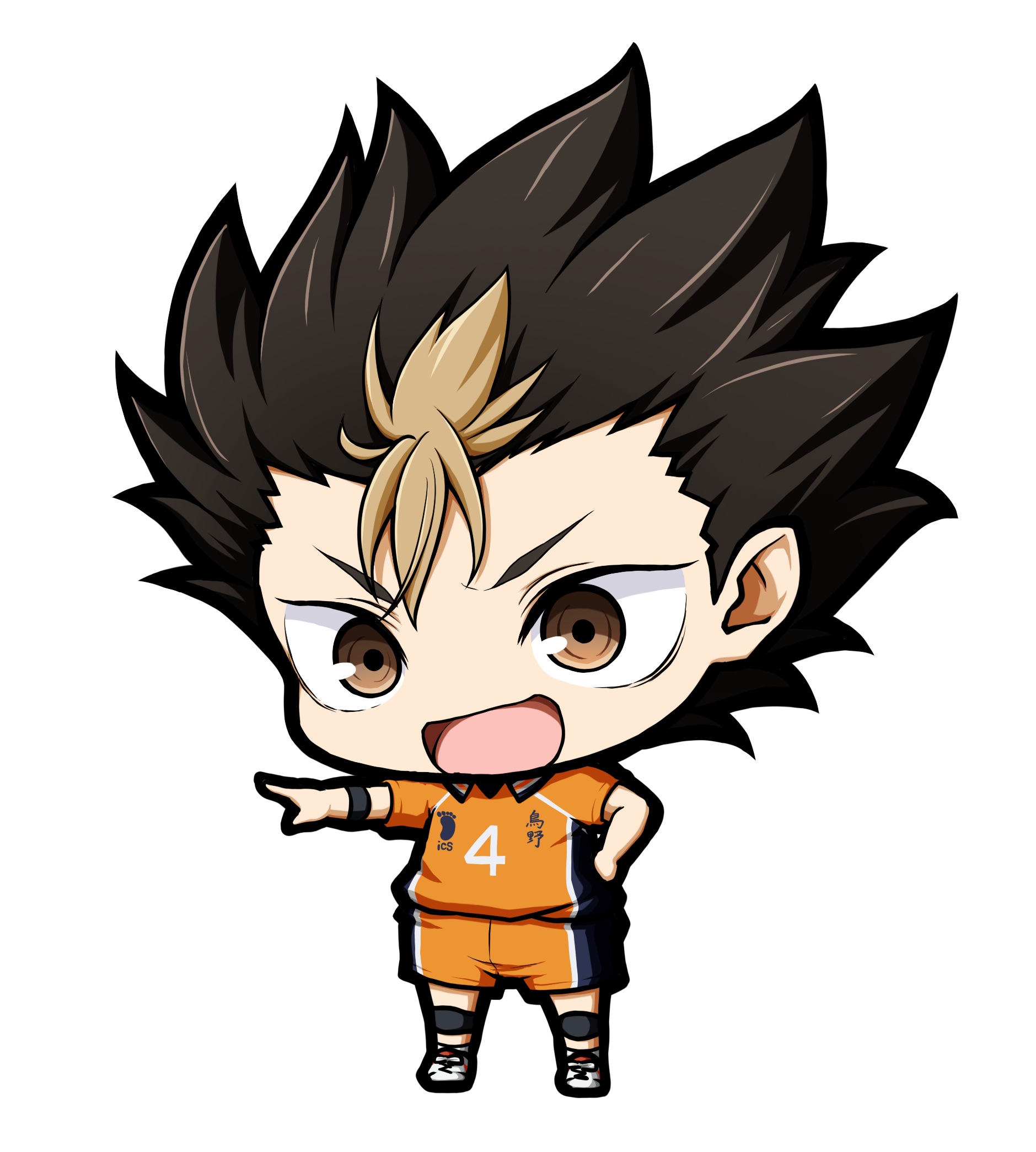 kuena, nishinoya yuu, haikyuu!!, highres, 1boy, :d, black hair, brown eyes, brown hair, chibi, collared shirt, full body, hand on own hip, male focus, multicolored hair, open mouth, orange shirt, orange shorts, shirt, shoes, short sleeves, shorts, simple background, smile, socks, solo, standing, thick eyebrows, two-tone hair, v-shaped eyebrows, white background, white shoes, white socks
