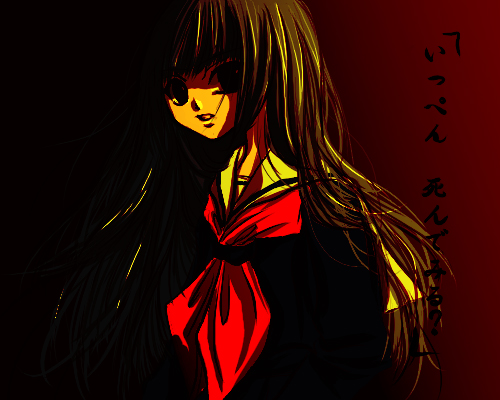 enma ai, jigoku shoujo, lowres, 00s, black hair, red eyes, school uniform, serafuku