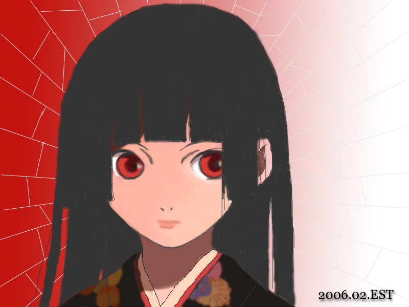 enma ai, jigoku shoujo, 00s, black hair, japanese clothes, kimono, red eyes