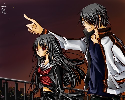 enma ai, ichimoku ren, jigoku shoujo, lowres, 00s, black hair, red eyes, school uniform, serafuku