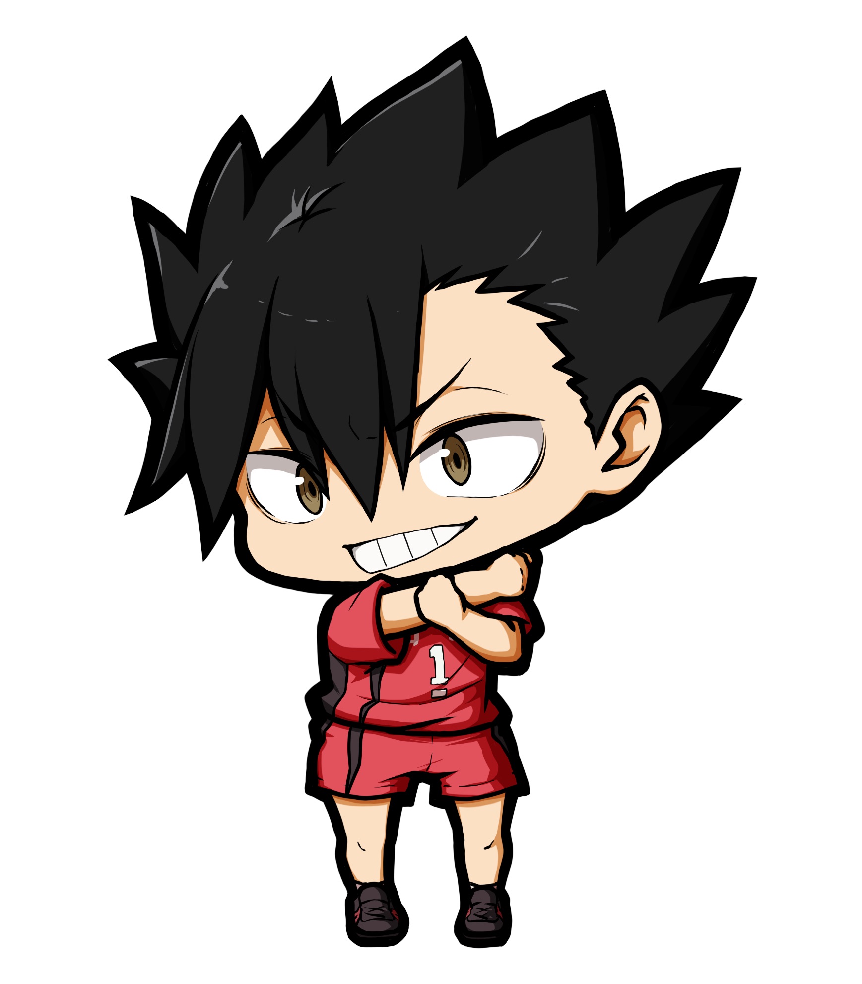 kuena, kuroo tetsurou, haikyuu!!, highres, 1boy, black hair, black shoes, brown eyes, chibi, cross-body stretch, full body, grin, hair between eyes, looking at viewer, male focus, red shirt, red shorts, shirt, shoes, short sleeves, shorts, simple background, smile, socks, solo, standing, v-shaped eyebrows, white background, white socks