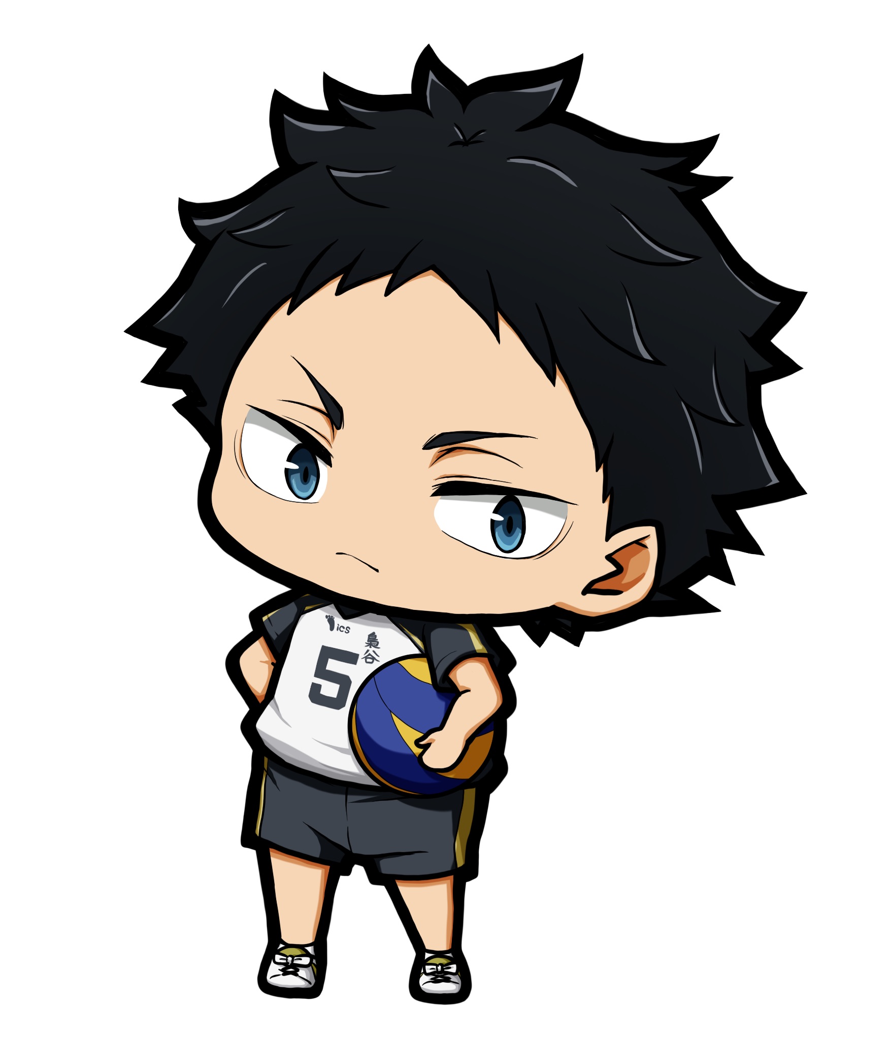 kuena, akaashi keiji, haikyuu!!, highres, >:(, 1boy, ball, black hair, black shorts, blue eyes, carrying, carrying under arm, chibi, closed mouth, full body, light frown, male focus, raglan sleeves, shirt, shoes, short sleeves, shorts, simple background, socks, solo, standing, thick eyebrows, v-shaped eyebrows, white background, white shirt, white shoes, white socks