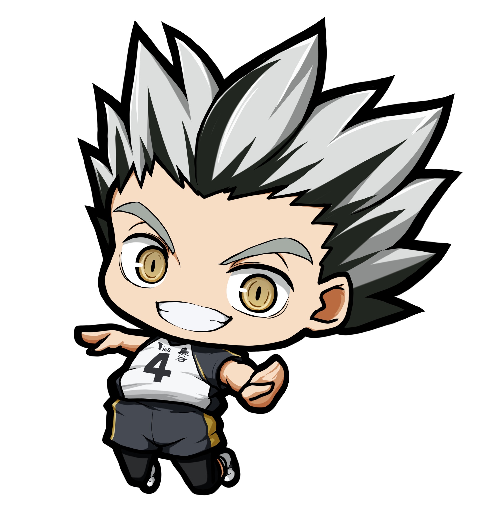 kuena, bokuto koutarou, haikyuu!!, highres, 1boy, black hair, black leggings, black shorts, brown eyes, chibi, full body, grey hair, grin, leggings, leggings under shorts, looking at viewer, male focus, multicolored hair, raglan sleeves, shirt, shoes, short sleeves, shorts, simple background, smile, solo, standing, thick eyebrows, two-tone hair, v-shaped eyebrows, white background, white shirt, white shoes