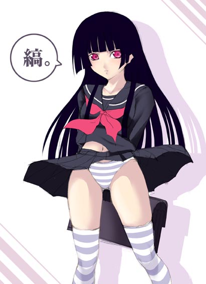 enma ai, jigoku shoujo, 00s, black hair, clothes lift, panties, red eyes, school uniform, serafuku, skirt, skirt lift, striped clothes, striped panties, thighhighs, underwear, wind, wind lift