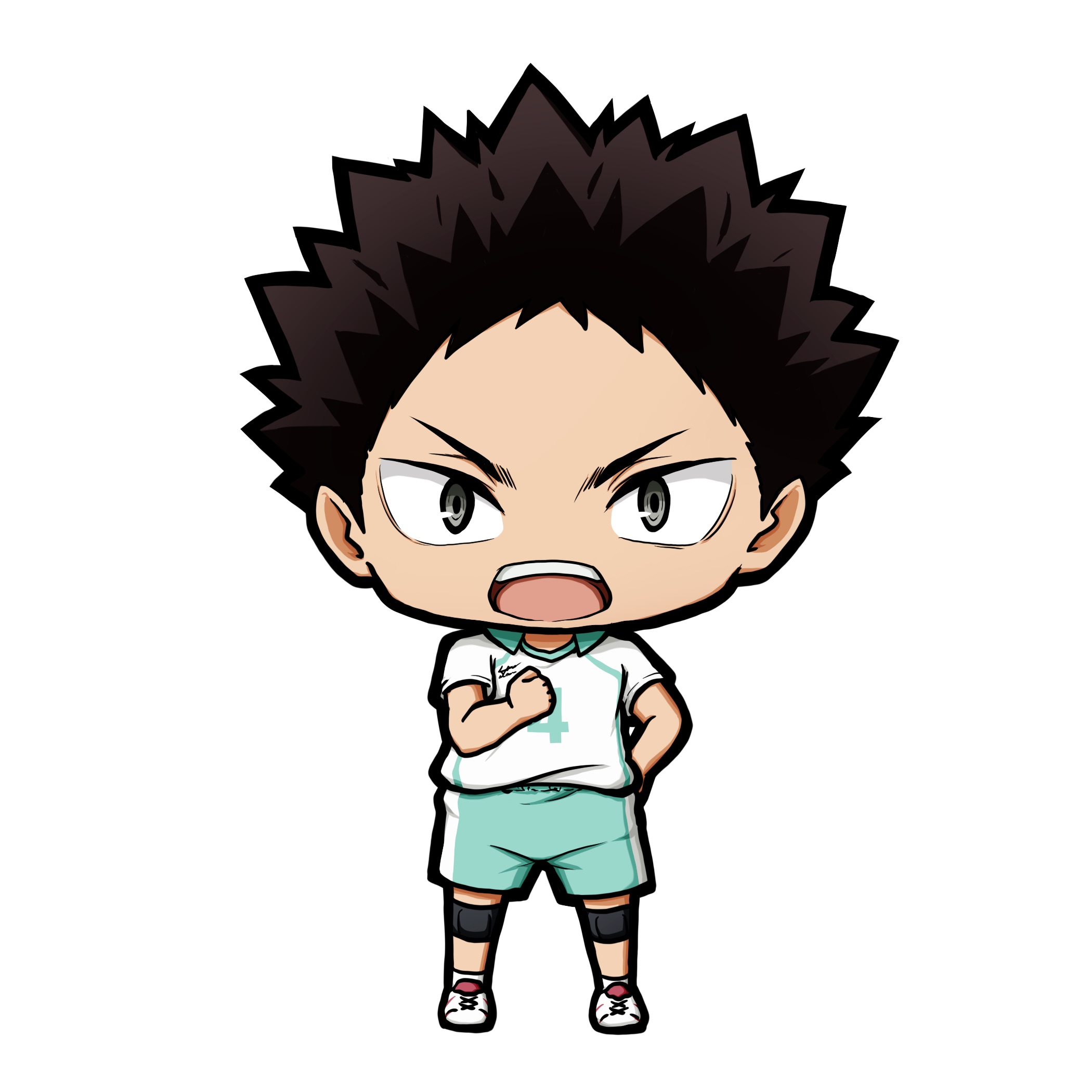 kuena, haikyuu!!, character request, highres, 1boy, blue shorts, brown eyes, chibi, collared shirt, full body, grey eyes, knee pads, male focus, open mouth, shirt, shoes, short sleeves, shorts, simple background, socks, solo, standing, teeth, thick eyebrows, upper teeth only, v-shaped eyebrows, white background, white shirt, white shoes, white socks