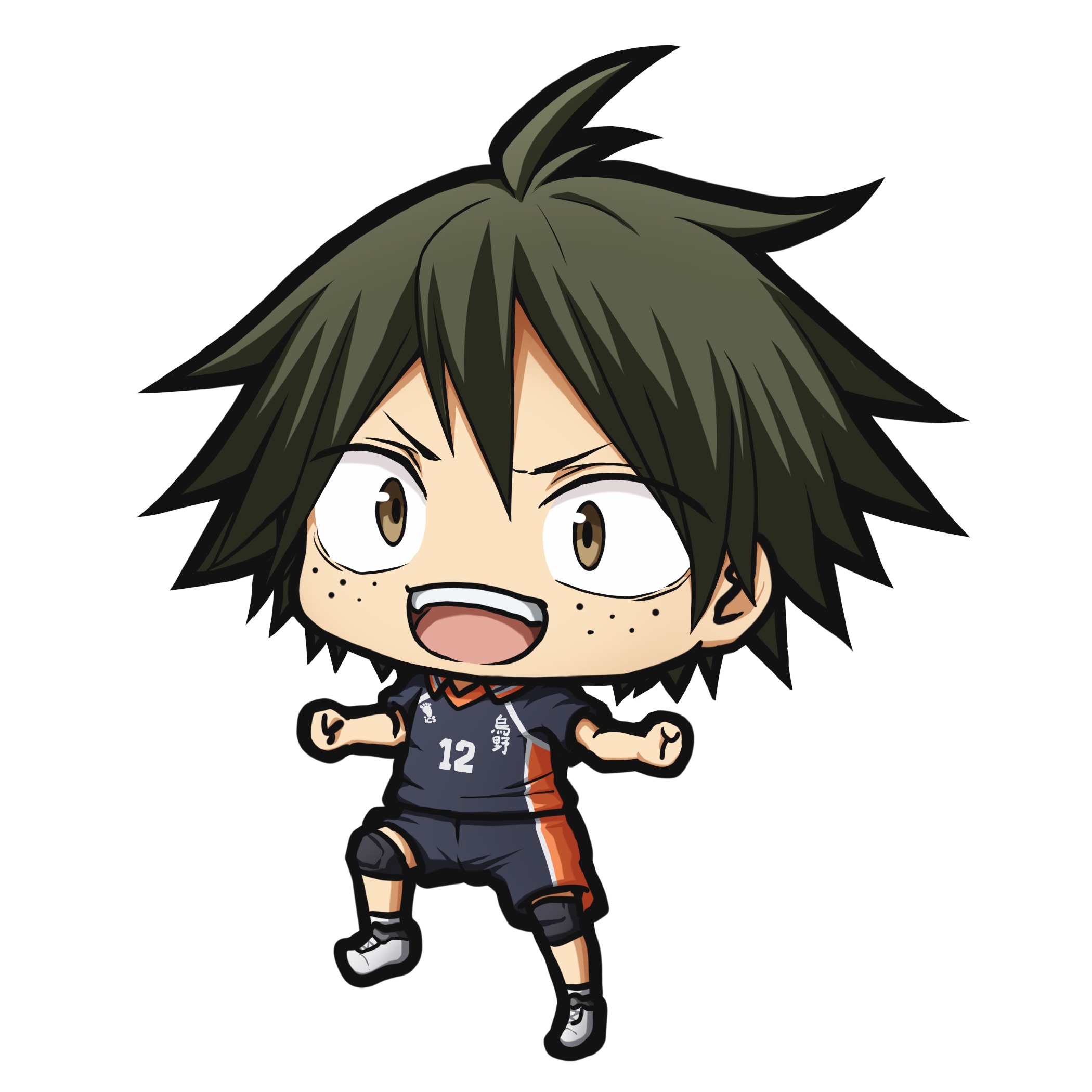 kuena, yamaguchi tadashi, haikyuu!!, highres, 1boy, :d, black hair, black shirt, black shorts, brown eyes, chibi, collared shirt, freckles, grey shoes, hair between eyes, knee pads, male focus, open mouth, shirt, shoes, short sleeves, shorts, simple background, smile, socks, solo, standing, standing on one leg, teeth, upper teeth only, v-shaped eyebrows, white background, white socks