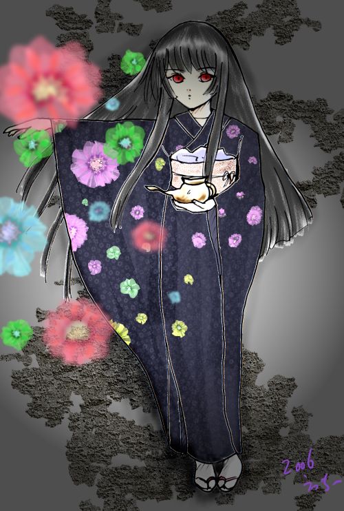 enma ai, jigoku shoujo, 00s, black hair, japanese clothes, kimono, red eyes