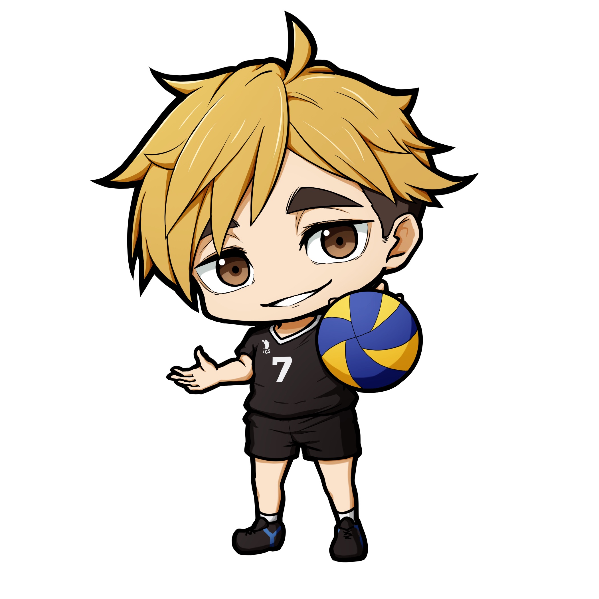 kuena, miya atsumu, haikyuu!!, highres, 1boy, ball, black shirt, black shoes, black shorts, blonde hair, brown eyes, chibi, full body, holding, holding ball, looking at viewer, male focus, shirt, shoes, short sleeves, shorts, simple background, smile, socks, solo, standing, thick eyebrows, undercut, white background, white socks
