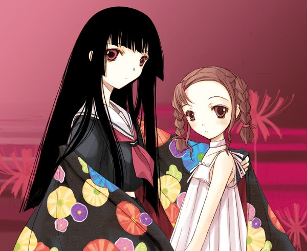 enma ai, shibata tsugumi, jigoku shoujo, 00s, black hair, brown eyes, brown hair, japanese clothes, kimono, red eyes