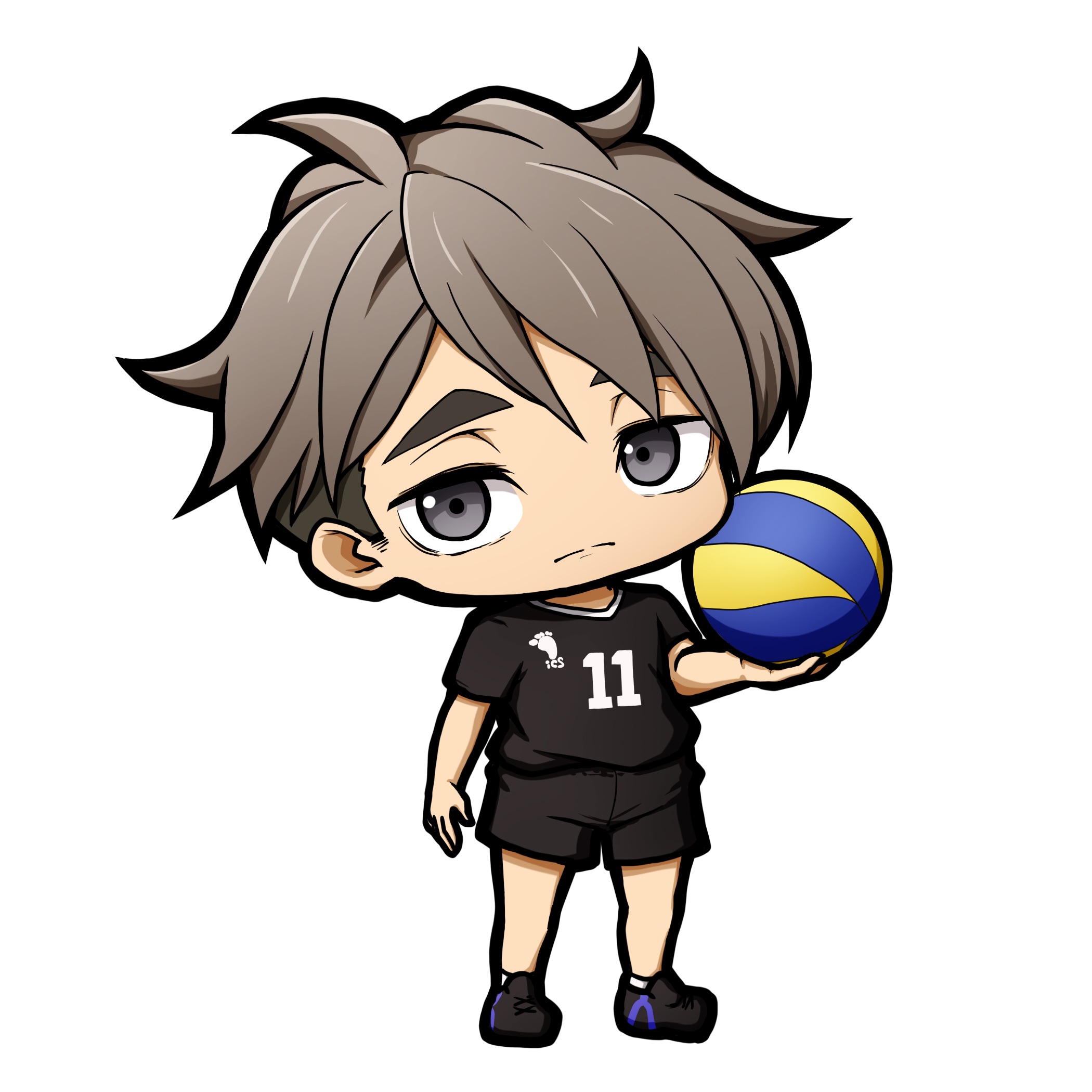 kuena, haikyuu!!, character request, highres, 1boy, ball, black shirt, black shoes, black shorts, brown hair, chibi, closed mouth, eyebrows hidden by hair, full body, grey eyes, holding, holding ball, looking at viewer, male focus, shirt, shoes, short sleeves, shorts, simple background, socks, solo, standing, thick eyebrows, white background, white socks