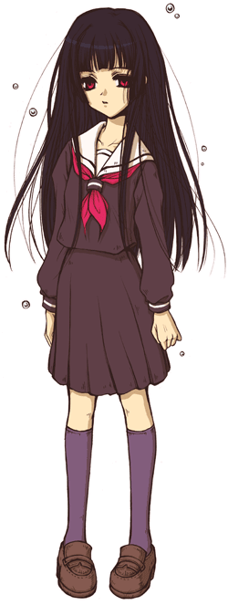 enma ai, jigoku shoujo, 00s, black hair, red eyes, school uniform, serafuku