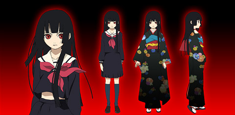 enma ai, jigoku shoujo, lowres, official art, 00s, black hair, japanese clothes, kimono, red eyes, school uniform, serafuku