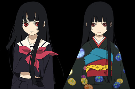 enma ai, jigoku shoujo, lowres, official art, 00s, black hair, japanese clothes, kimono, red eyes, school uniform, serafuku