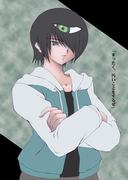 ichimoku ren, jigoku shoujo, 00s, 1boy, black hair, blue eyes, crossed arms, green eyes, hair over one eye, hood, hoodie, male focus, solo, third eye