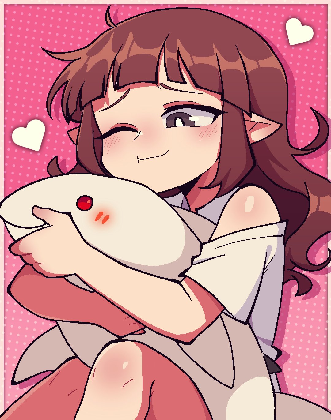 syakesan (funamusea), wadanohara, funamusea, oounabara to wadanohara, highres, 488tk, blush, brown hair, character doll, doll, grey eyes, heart, hugging doll, hugging object, one eye closed, pink background, pointy ears, red eyes, stuffed animal, stuffed shark, stuffed toy