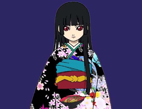 enma ai, jigoku shoujo, lowres, 00s, black hair, japanese clothes, kimono, red eyes