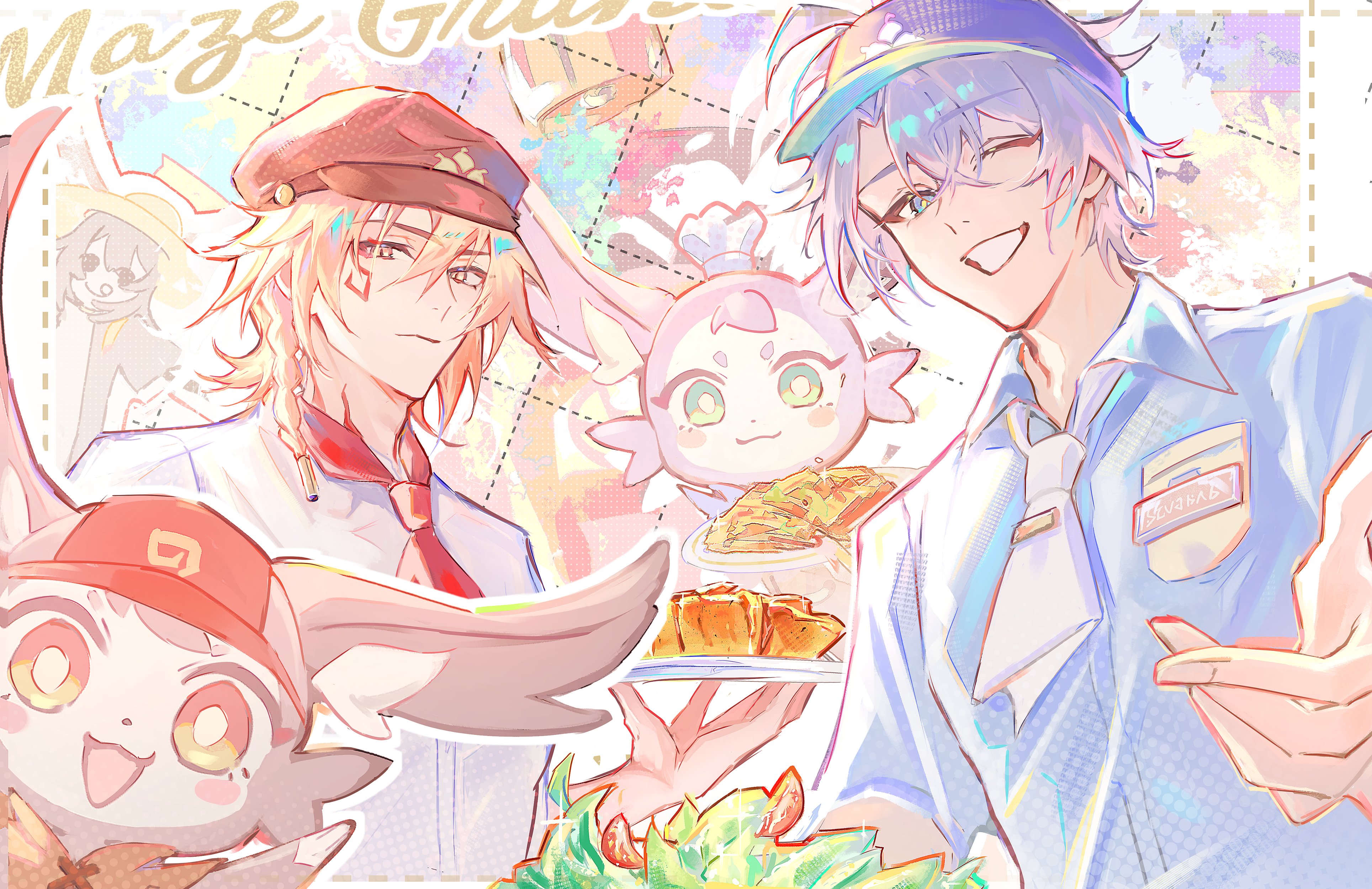 roscoe (onyx black89), mem (honkai: star rail), mydei (honkai: star rail), phainon (honkai: star rail), honkai: star rail, honkai (series), absurdres, commentary request, highres, 2boys, black hat, blonde hair, blue eyes, blue hat, blue shirt, braid, chef hat, collared shirt, employee uniform, facial tattoo, fast food uniform, gradient hair, hair between eyes, hat, holding, holding plate, looking at viewer, medium hair, multicolored hair, multiple boys, neck tattoo, one eye closed, plate, red hair, red tattoo, salad, shirt, short hair, side braid, tattoo, white hair, white shirt, yellow eyes