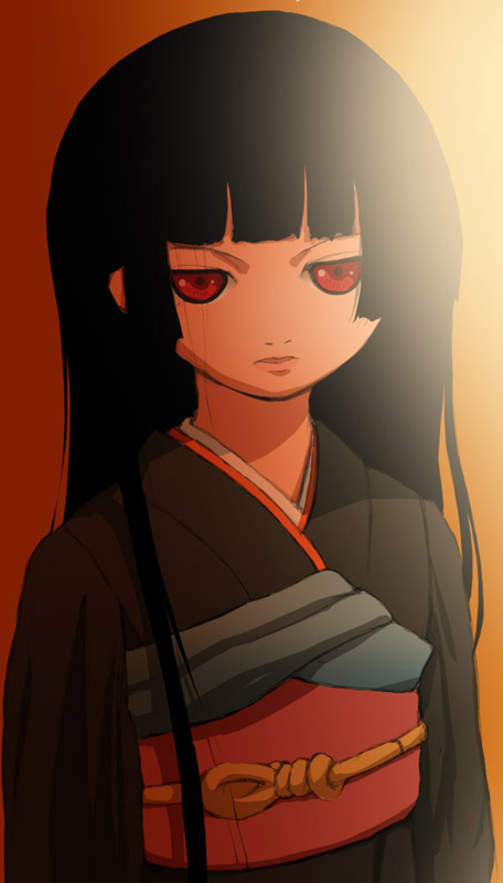 enma ai, jigoku shoujo, 00s, black hair, japanese clothes, kimono, red eyes