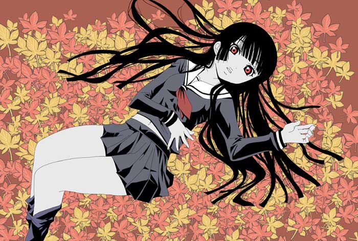 enma ai, jigoku shoujo, 00s, black hair, red eyes, school uniform, serafuku