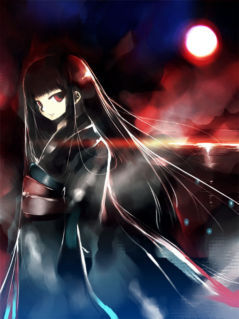 kei (keigarou), enma ai, jigoku shoujo, 00s, black hair, blunt bangs, hime cut, japanese clothes, kimono, long hair, red eyes, solo