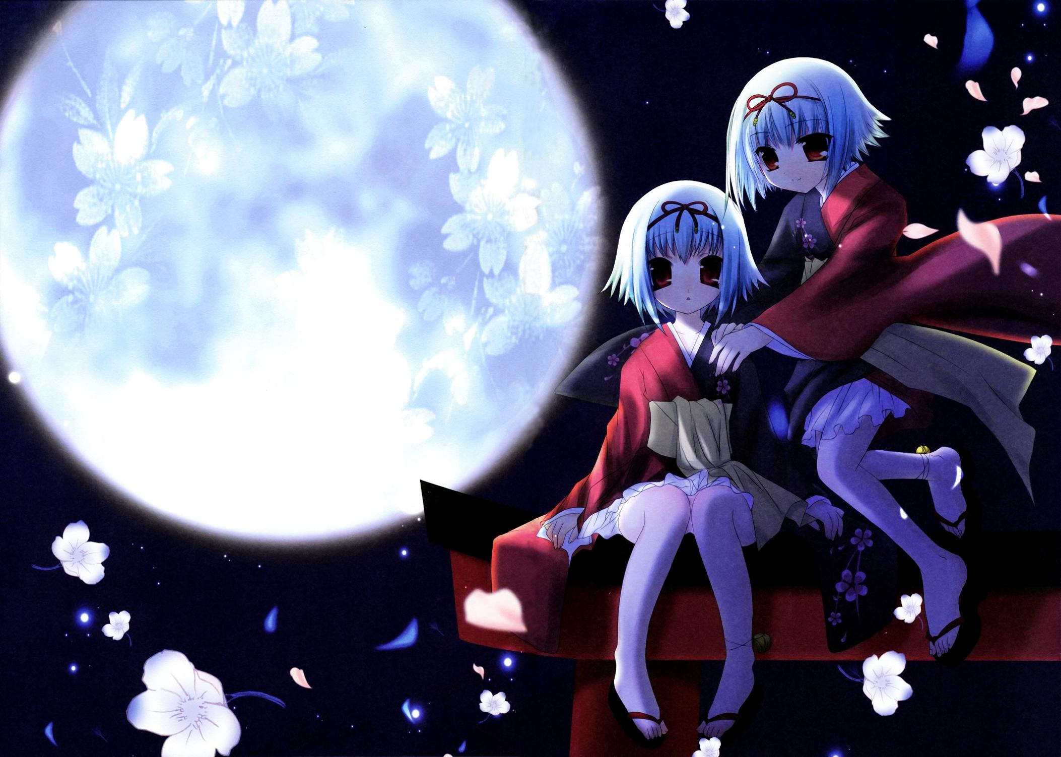 hinayuki usa, sakurazawa izumi, mikage (akai ito), nozomi (akai ito), akai ito, highres, 2girls, cherry blossoms, flower, full moon, japanese clothes, kimono, moon, multiple girls, night, ribbon, sandals, siblings, sisters, sitting, twins, zouri