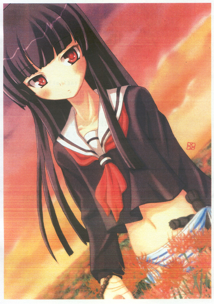 enma ai, jigoku shoujo, scan, scan artifacts, 00s, 1girl, black hair, black serafuku, blunt bangs, blush, dutch angle, female focus, field, flower, flower field, hime cut, navel, neckerchief, no pants, panties, red eyes, red flower, school uniform, serafuku, side-tie panties, sky, solo, spider lily, striped clothes, striped panties, underwear