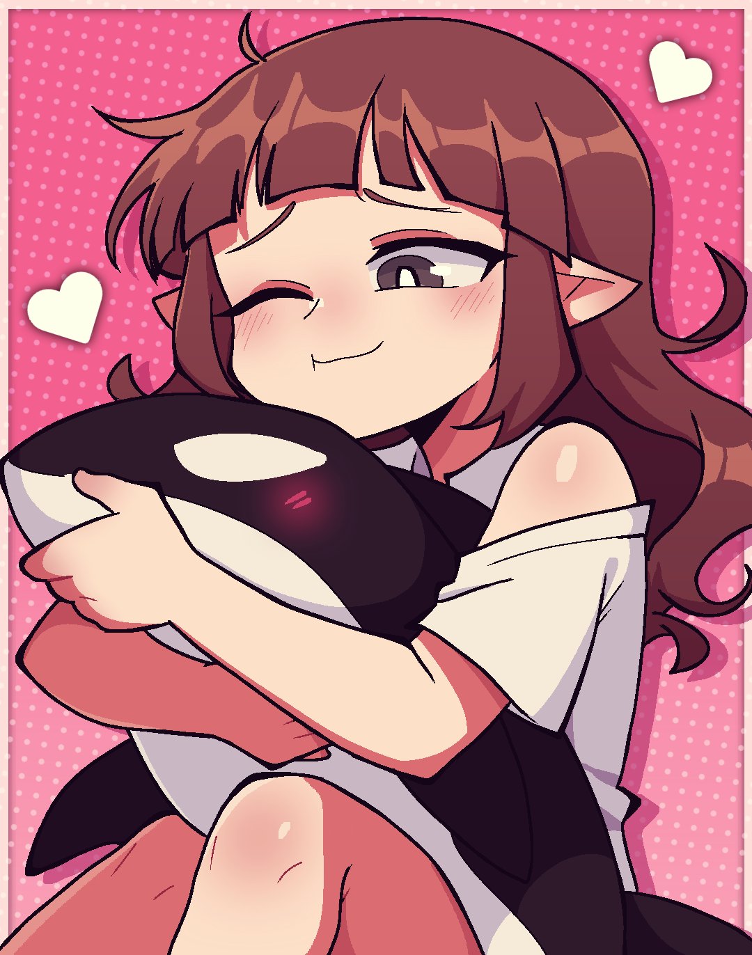 idate (funamusea), wadanohara, funamusea, oounabara to wadanohara, highres, 488tk, blush, brown hair, character doll, doll, grey eyes, heart, hugging doll, hugging object, one eye closed, pink background, shirt, stuffed orca, white shirt