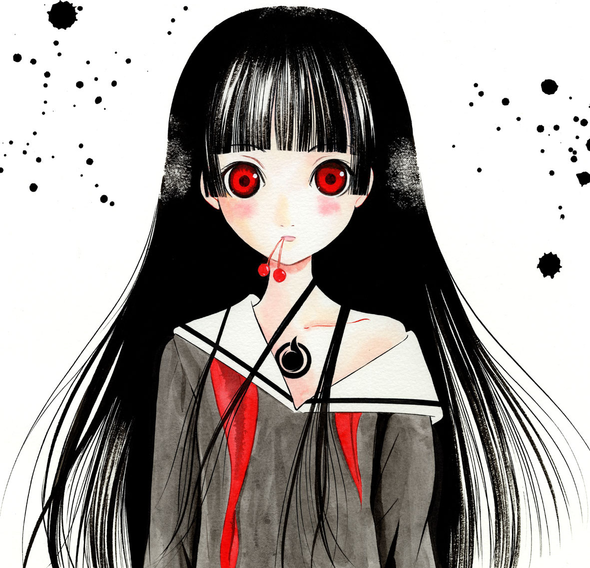 enma ai, jigoku shoujo, 00s, black hair, red eyes, school uniform, serafuku