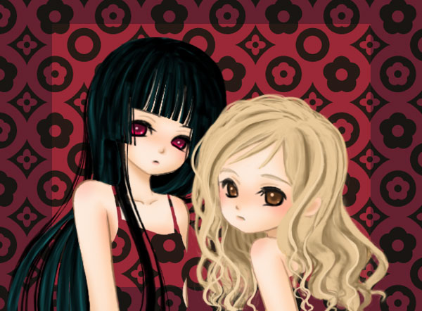 enma ai, shibata tsugumi, jigoku shoujo, 00s, black hair, blonde hair, brown eyes, red eyes