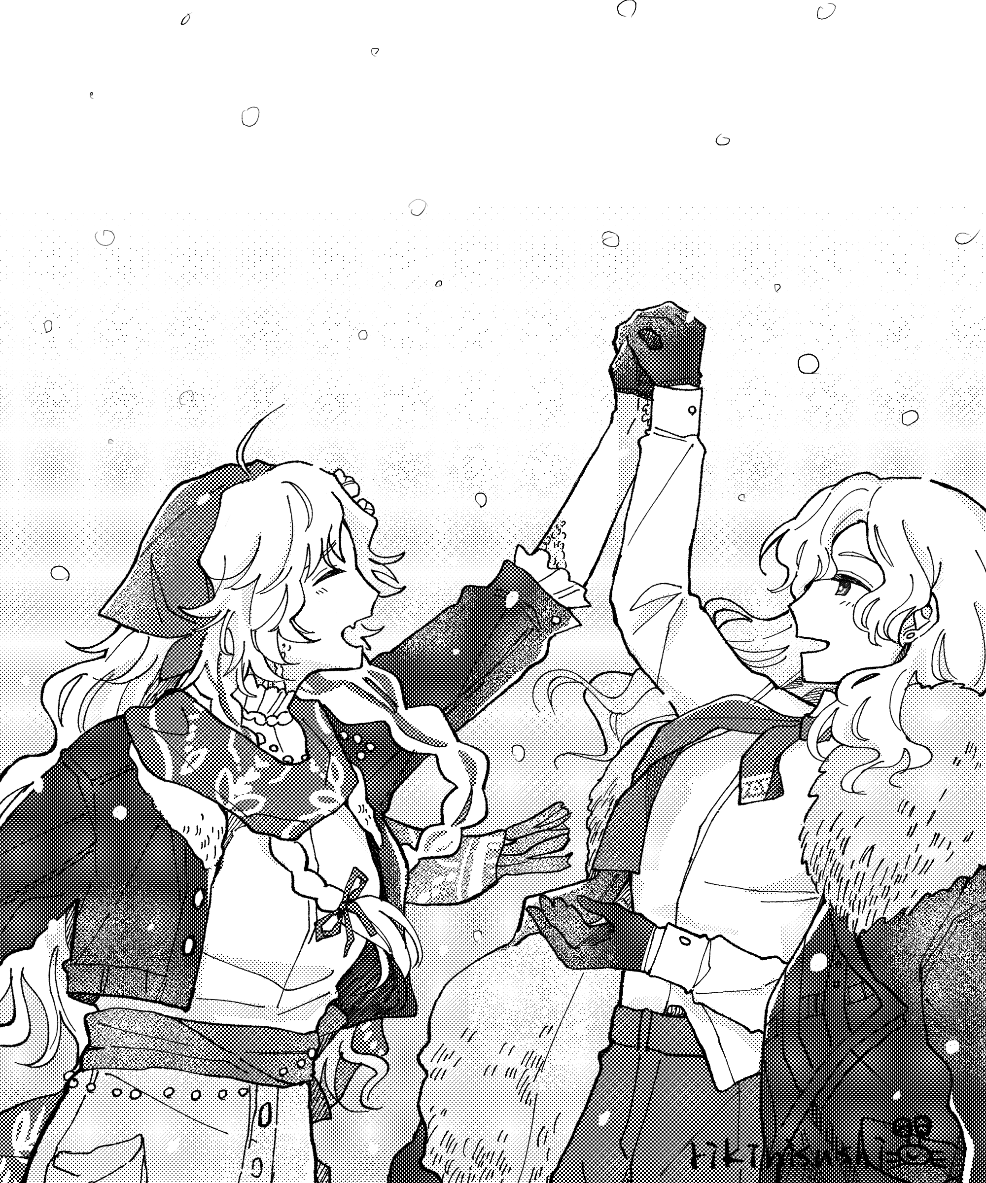 rikini sushi, vila (reverse:1999), windsong (reverse:1999), reverse:1999, absurdres, highres, 2girls, :d, ^ ^, arm up, closed eyes, coat, coat on shoulders, face-to-face, from side, gloves, greyscale, headscarf, holding hands, jacket, long hair, looking at another, monochrome, multiple girls, necktie, open mouth, pants, profile, scales, scarf, skirt, smile, snowing, upper body, white background